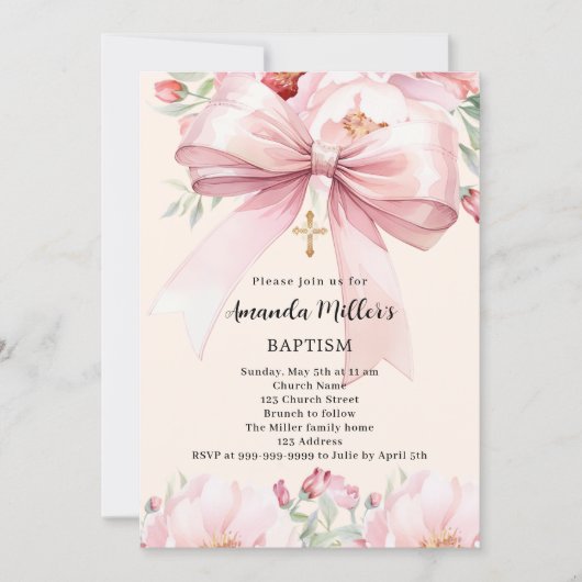 Roze strik crème bloemen meisje Doop Kaart (Voorkant)