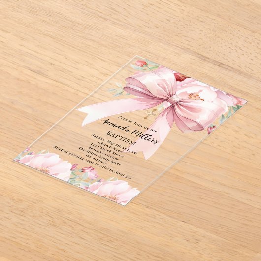 Roze strik crème bloemen meisje duidelijk Doop Acryl Uitnodigingen (Laagn)