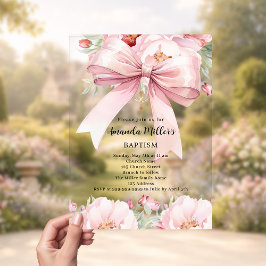 Roze strik crème bloemen meisje duidelijk Doop Acryl Uitnodigingen