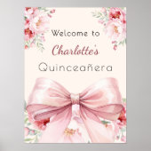 Roze strik crème bloemen Quinceanera welkom Poster (Voorkant)