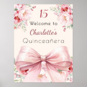 Roze strik crème bloemen Quinceanera welkomstbord Poster (Voorkant)