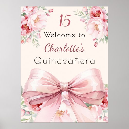 Roze strik crème bloemen Quinceanera welkomstbord Poster (Voorkant)