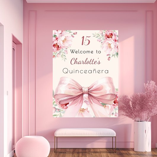 Roze strik crème bloemen Quinceanera welkomstbord Poster