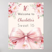 Roze strik crème bloemen Sweet 16 welkom Poster (Voorkant)