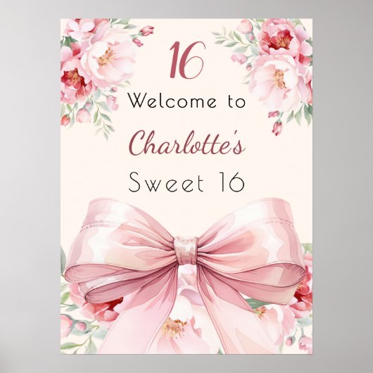 Roze strik crème bloemen Sweet 16 welkom Poster (Voorkant)