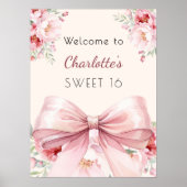 Roze strik crème bloemen Sweet 16 welkom Poster (Voorkant)