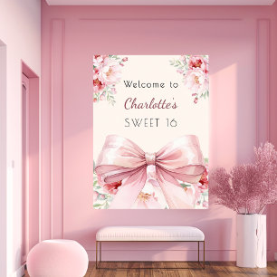 Roze strik crème bloemen Sweet 16 welkom Poster