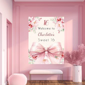 Roze strik crème bloemen Sweet 16 welkom Poster