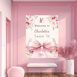 Roze strik crème bloemen Sweet 16 welkom Poster