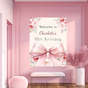 Roze strik crème bloemen verjaardag welkom poster