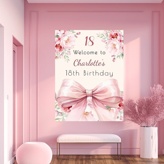 Roze strik crème bloemen verjaardag welkomstbord poster