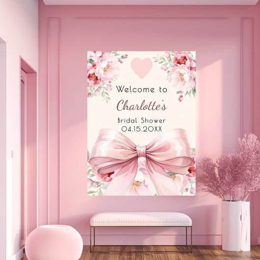 Roze strik crème bloemen vrijgezellenfeest welkoms poster