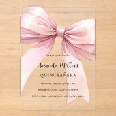 Roze strik crème doorzichtig Quinceanera Acryl Uitnodigingen (Voorkant)