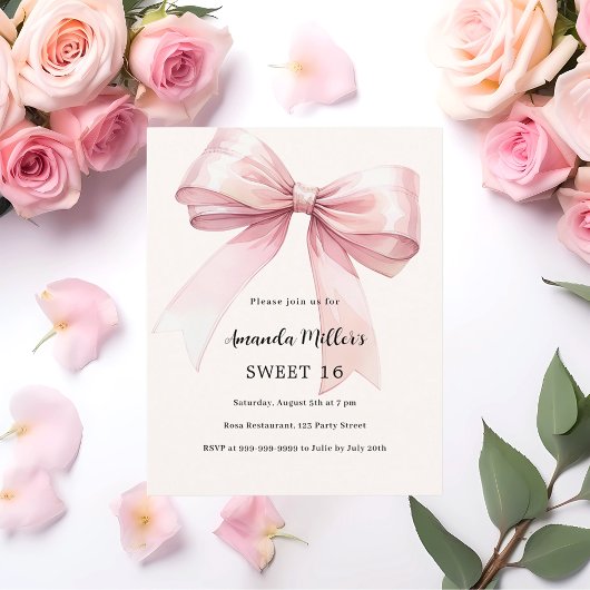 Roze strik crème elegant SWEET 16 uitnodiging