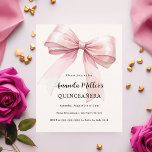 Roze strik crème elegante Quinceanera uitnodiging<br><div class="desc">Een zacht beige,  crèmekleurige achtergrond,  versierd met een roze grote strik. Personaliseer en voeg een naam en partijgegevens toe. 1 vel = 1 uitnodiging bedrukt rand tot rand.</div>