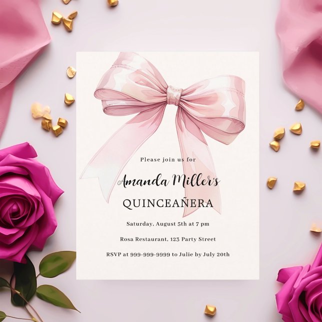 Roze strik crème elegante Quinceanera uitnodiging (Creator heeft geüpload)