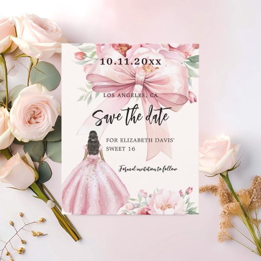 Roze strik crème jurk Sweet 16 Save the Date Flyer