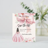 Roze strik crème jurk Sweet 16 Save the Date kaart (Staand voorkant)