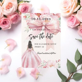Roze strik crème jurk Sweet 16 Save the Date kaart