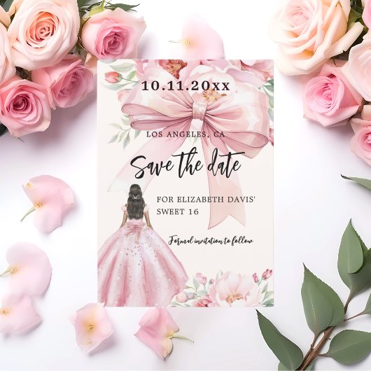 Roze strik crème jurk Sweet 16 Save the Date kaart