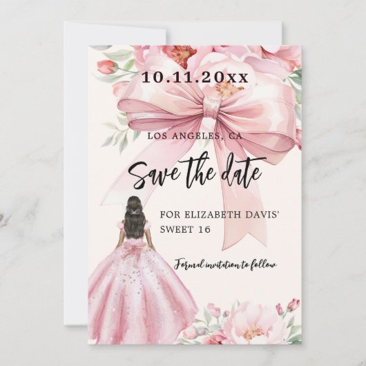 Roze strik crème jurk Sweet 16 Save the Date kaart (Voorkant)