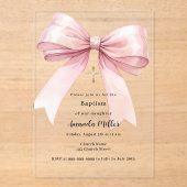 Roze strik crème meisje duidelijk Doop Acryl Uitnodigingen (Voorkant)