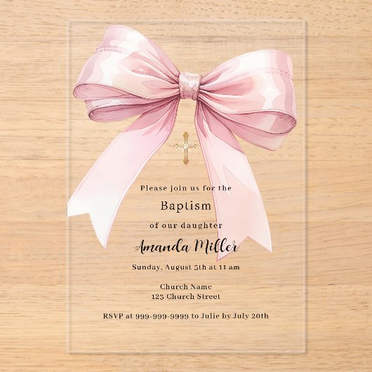 Roze strik crème meisje duidelijk Doop Acryl Uitnodigingen (Voorkant)