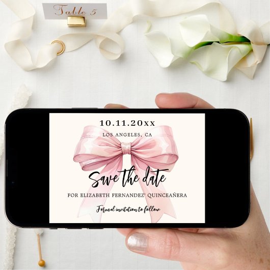Roze strik crème Quinceanera Save the Date kaart
