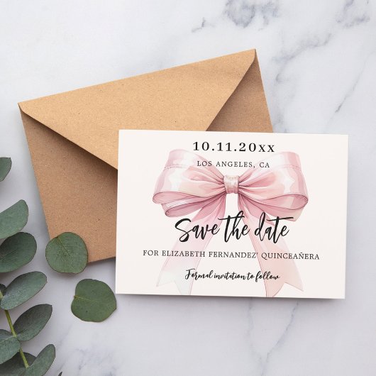Roze strik crème Quinceanera Save the Date kaart