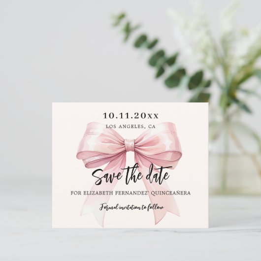 Roze strik crème Quinceanera Save the Date kaart (Staand voorkant)