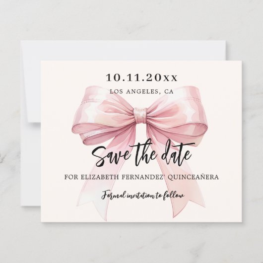 Roze strik crème Quinceanera Save the Date kaart (Voorkant)