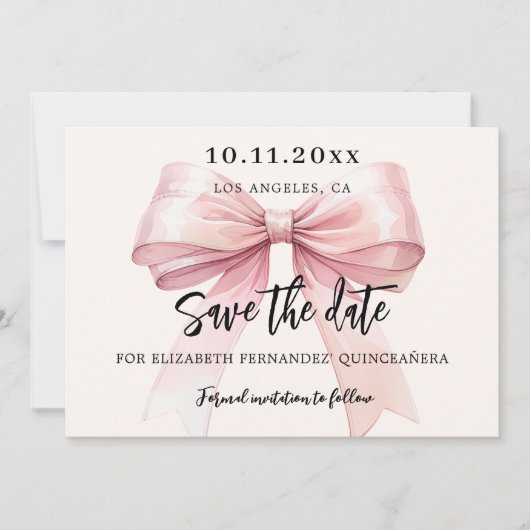 Roze strik crème Quinceanera Save the Date kaart (Voorkant)