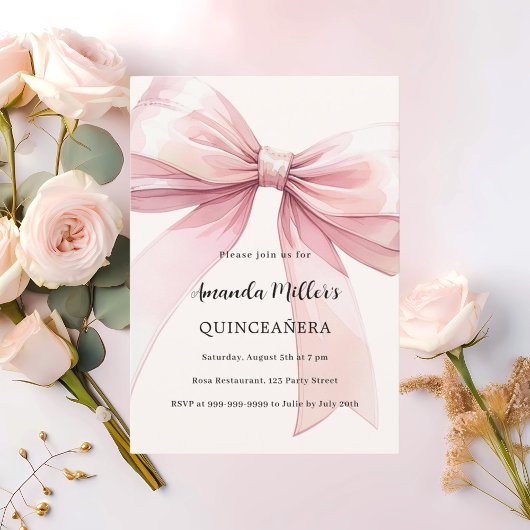 Roze strik crème Quinceanera Uitnodiging