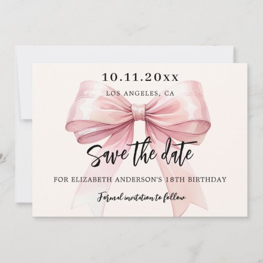 Roze strik crème verjaardagsfeestje Save the Date  (Voorkant)