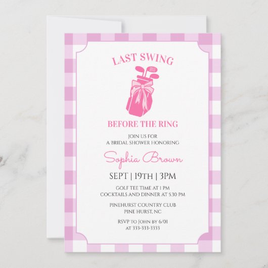 Roze Strik Dametje Gingham Golf Bruiloft Feest Kaart (Voorkant)