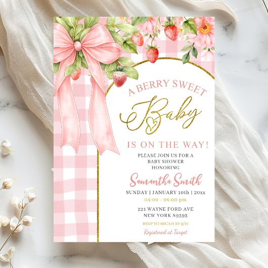 Roze Strik Das Aardbei Baby Shower Kaart