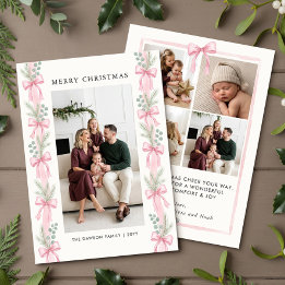 Roze Strik Dennen Lint Kerst Foto Feestdagenkaart