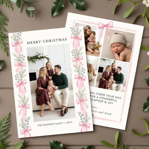 Roze Strik Dennen Lint Kerst Foto Feestdagenkaart