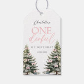 Roze Strik Dennenbomen Winter Onederland 1e Verjaa Cadeaulabel (Voorkant)