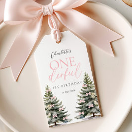 Roze Strik Dennenbomen Winter Onederland 1e Verjaa Cadeaulabel