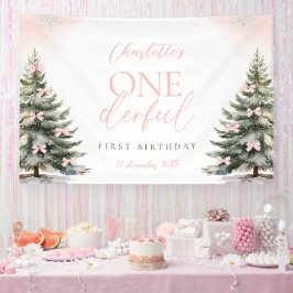 Roze Strik Dennenbomen Winter Onederland 1e Verjaa Spandoek