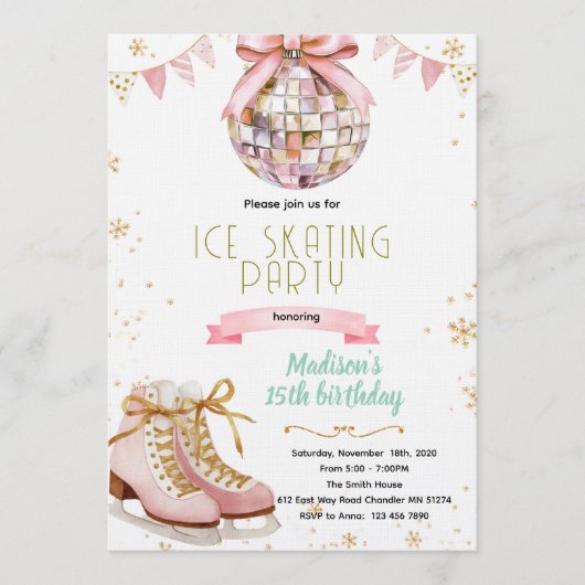 Roze strik disco schaatsfeest uitnodiging (Voorkant)
