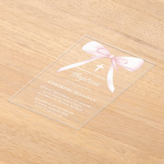 Roze strik | doop acryl uitnodigingen (Laagn)