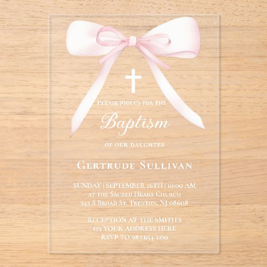 Roze strik | doop acryl uitnodigingen (Voorkant)