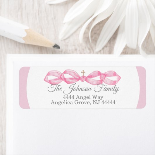 Roze Strik Doop Envelope Retouradres Label (Insitu)