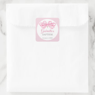 Roze strik doop favor sticker op maat aquarel