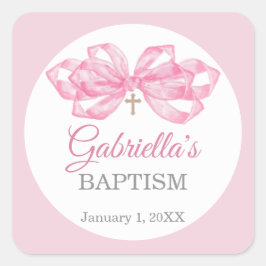 Roze strik doop favor sticker op maat aquarel
