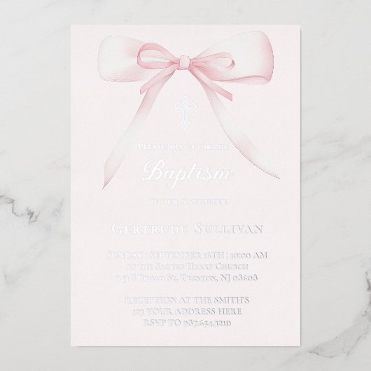 Roze strik | doop folie uitnodiging (Voorkant)