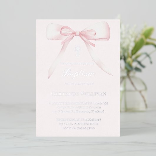 Roze strik | doop folie uitnodiging (Staand Voorkant)