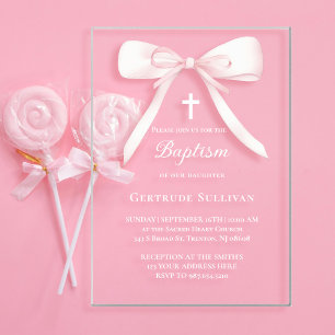 Roze strik Doopfeest Acryl Uitnodigingen